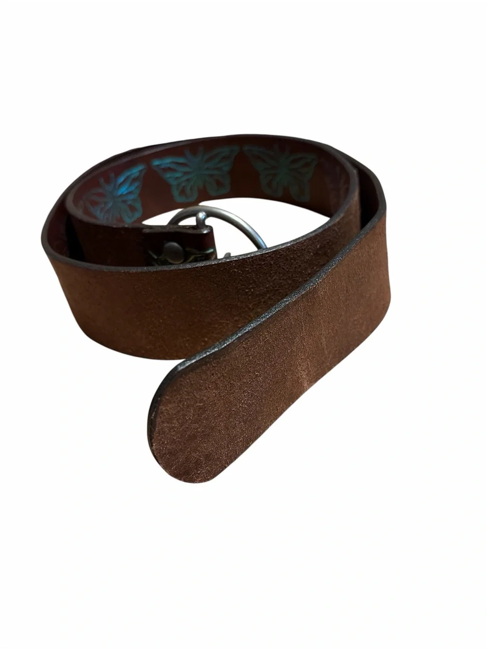 Brown Leather Belt with Iridescent Butterfly Embossing